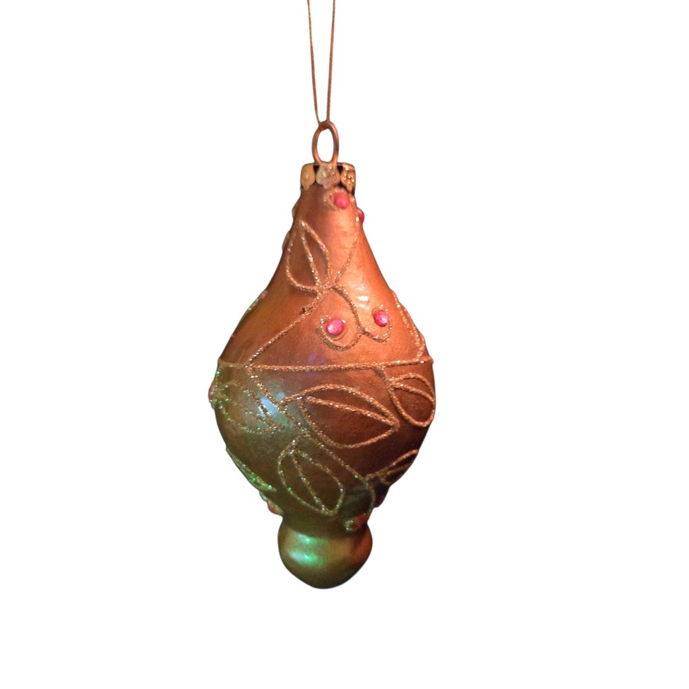 Vintage Paper Mache Christmas Ornament Copper Bronze Glitter Leaf Gemstone 5in